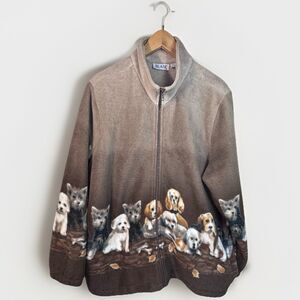 VTG Fleece Full Zip Jacket Dog Puppies Print Brown Blair 80s Novelty Women XL